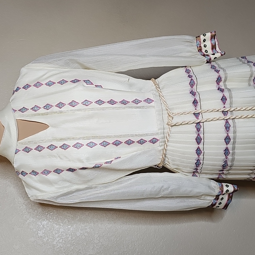 Vintage Alfred Shaheen 70s Hostess Dress Long Sleeve Maxi Custom Print Ivory 6/8 - Picture 2 of 14